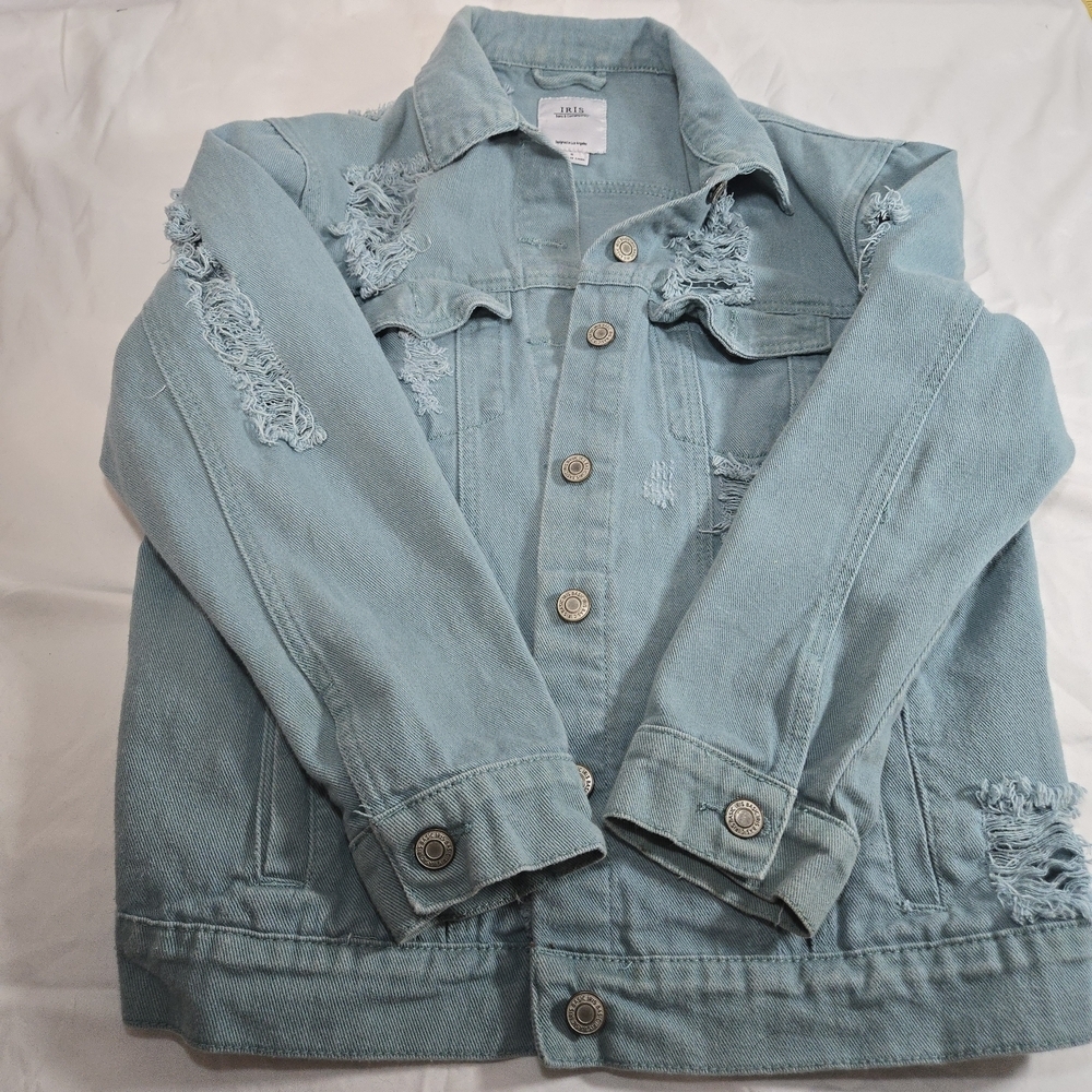 Iris Jeans Distressed Denim Jacket in Teal - Picture 3 of 13